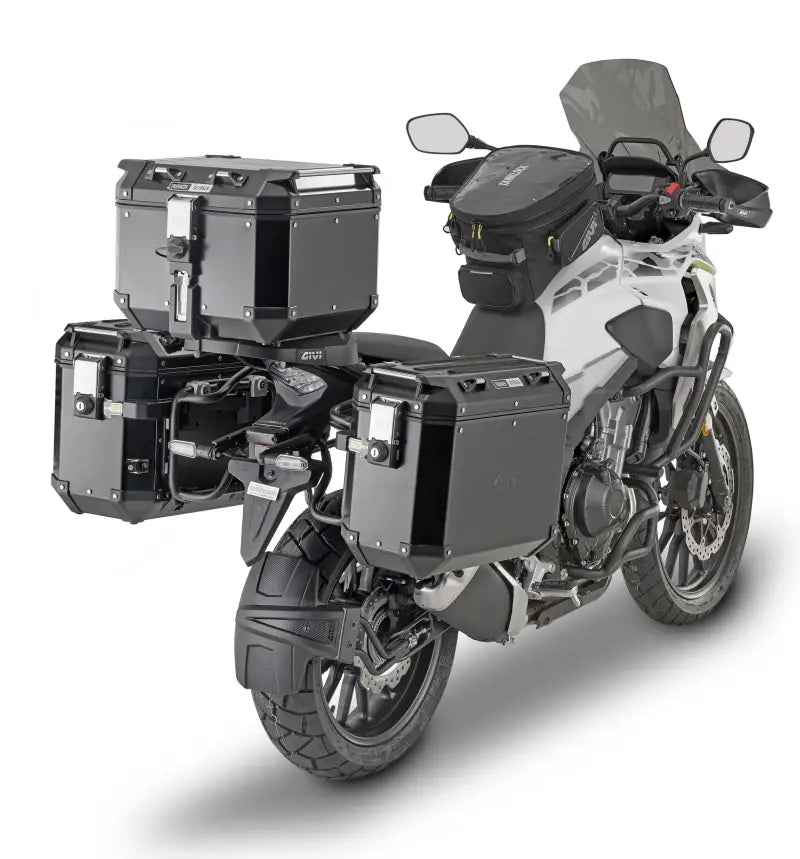PLO1171CAM adventure motorcycle hard luggage mounting hardware with black panniers and top case