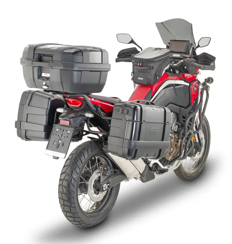 Red and black adventure motorcycle with PLO1179MK hard luggage mounting hardware
