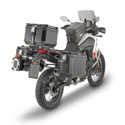 Adventure motorcycle with PLO2145CAM hard luggage mounting hardware and storage cases