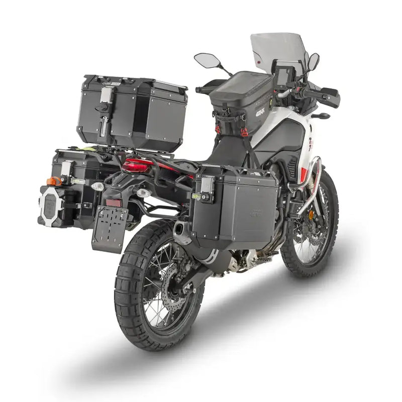 Adventure motorcycle with PLO2145CAM hard luggage mounting hardware and storage cases