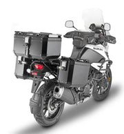 Suzuki adventure motorcycle with PLO3117CAM hard luggage mounting hardware and cases