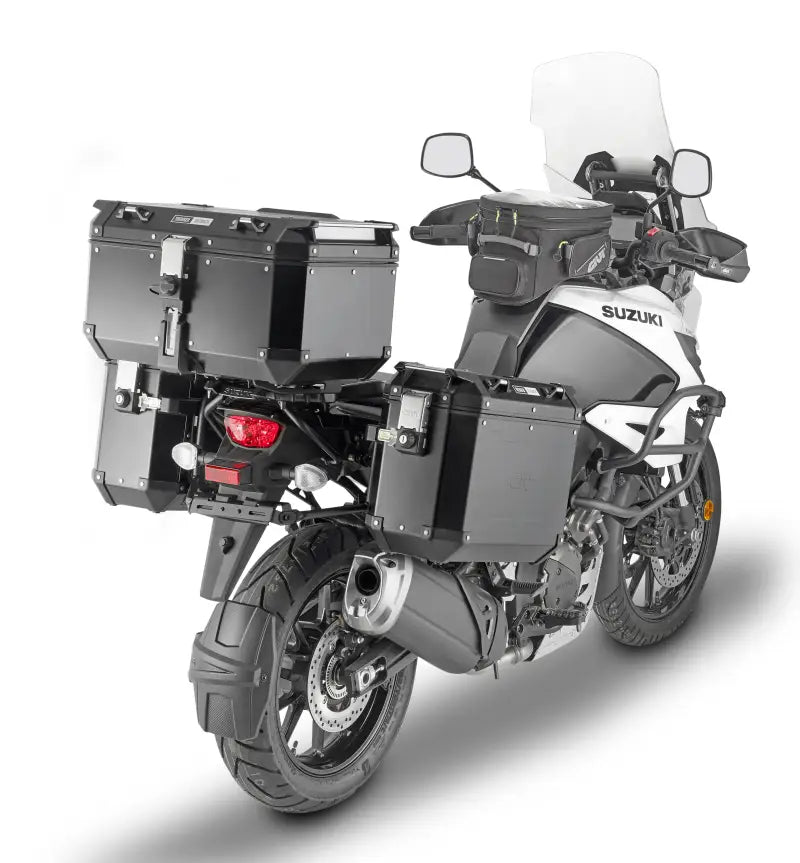 Suzuki adventure motorcycle with PLO3117CAM hard luggage mounting hardware and cases