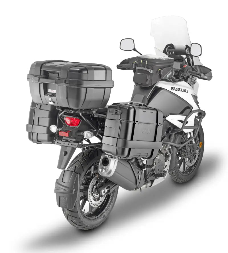 Suzuki adventure motorcycle with black hard luggage mounting hardware PLO3117MK side case