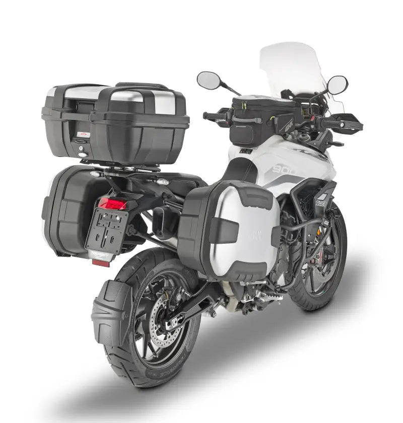 PLO6415MK motorcycle with luggage cases showcasing hard luggage mounting hardware