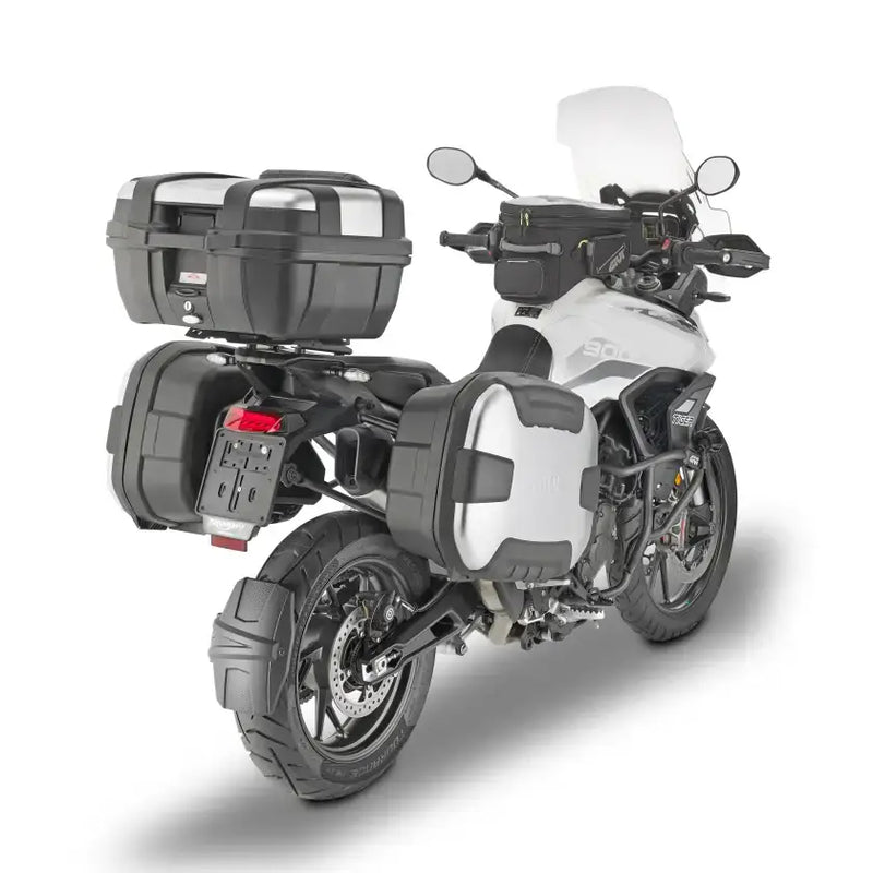 PLO6415MK motorcycle with luggage cases showcasing hard luggage mounting hardware