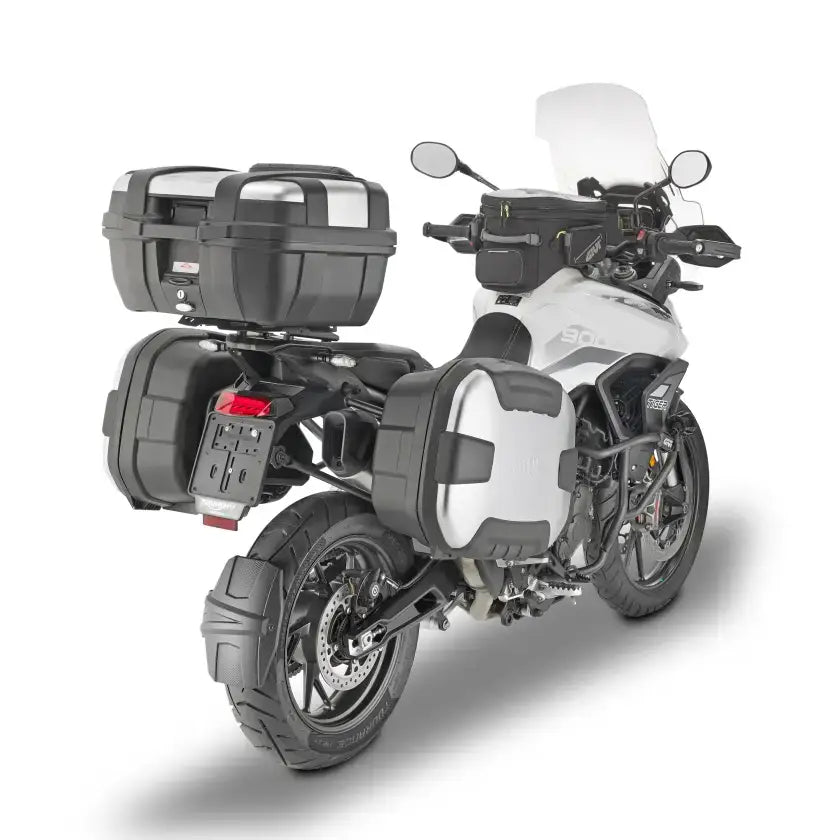 PLO6415MK motorcycle with luggage cases showcasing hard luggage mounting hardware