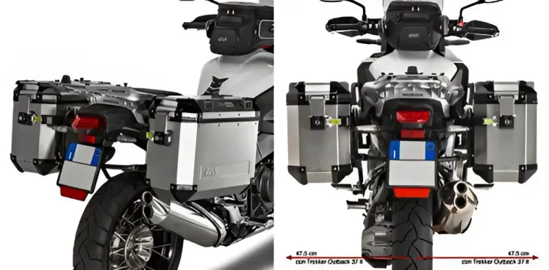 PLR1110CAM motorcycle hard luggage mounting hardware with silver panniers and top case