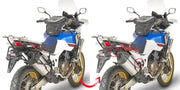 Honda Africa Twin with matte black soft luggage mounted using PLR1161 Side Case Hardware for easy hard luggage mounting