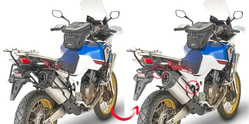 Honda Africa Twin with matte black soft luggage mounted using PLR1161 Side Case Hardware for easy hard luggage mounting