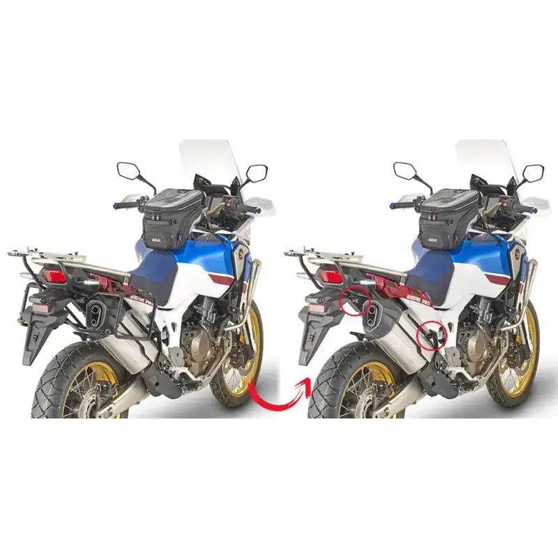 Honda Africa Twin with matte black soft luggage mounted using PLR1161 Side Case Hardware for easy hard luggage mounting