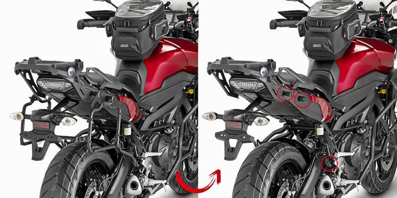 Red motorcycle with matte black hard luggage mounting hardware and tank bag