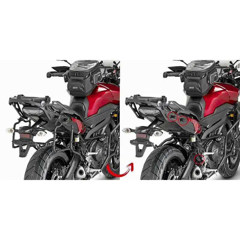 Red motorcycle with matte black hard luggage mounting hardware and tank bag