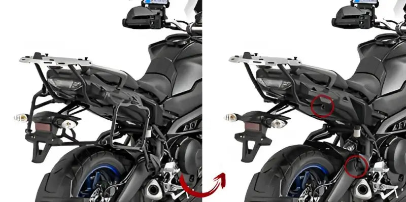 Motorcycle with matte black luggage mounting hardware and detachable hard luggage racks