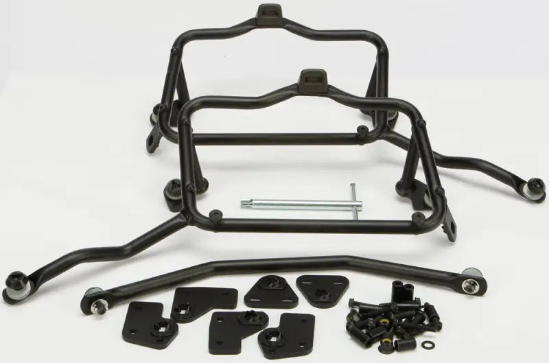 Black motorcycle luggage mounting hardware for matte black hard luggage mounting on bikes