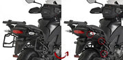 Motorcycle with and without saddlebag racks showing PLR4113 Side Case Hardware for hard luggage mounting