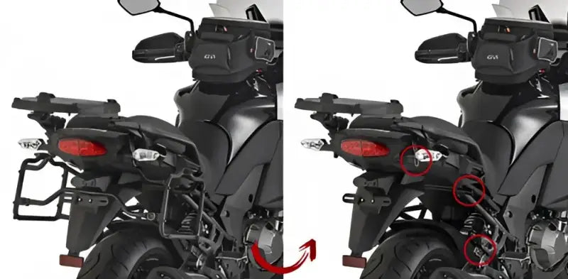 Motorcycle with and without saddlebag racks showing PLR4113 Side Case Hardware for hard luggage mounting