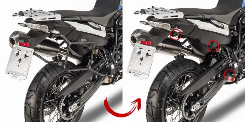 Motorcycle with detachable side luggage racks and PLR5103 case hardware for easy hard luggage mounting