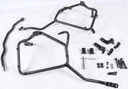 Matte black black metal motorcycle side case rack with luggage mounting hardware