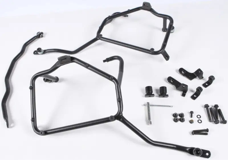 Matte black black metal motorcycle side case rack with luggage mounting hardware