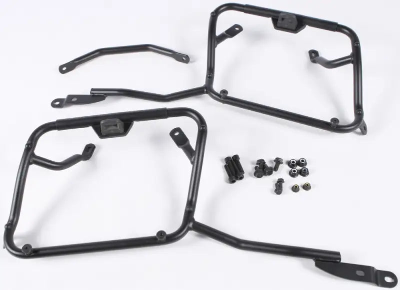 Motorcycle luggage racks with mounting hardware for hard luggage mounting in matte black
