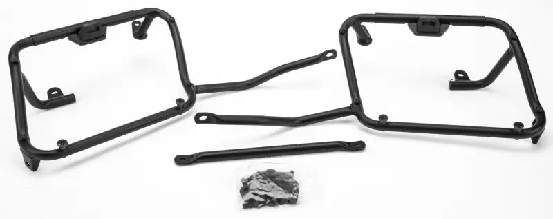 Black metal motorcycle pannier racks with matte black luggage mounting hardware for hard luggage mounting