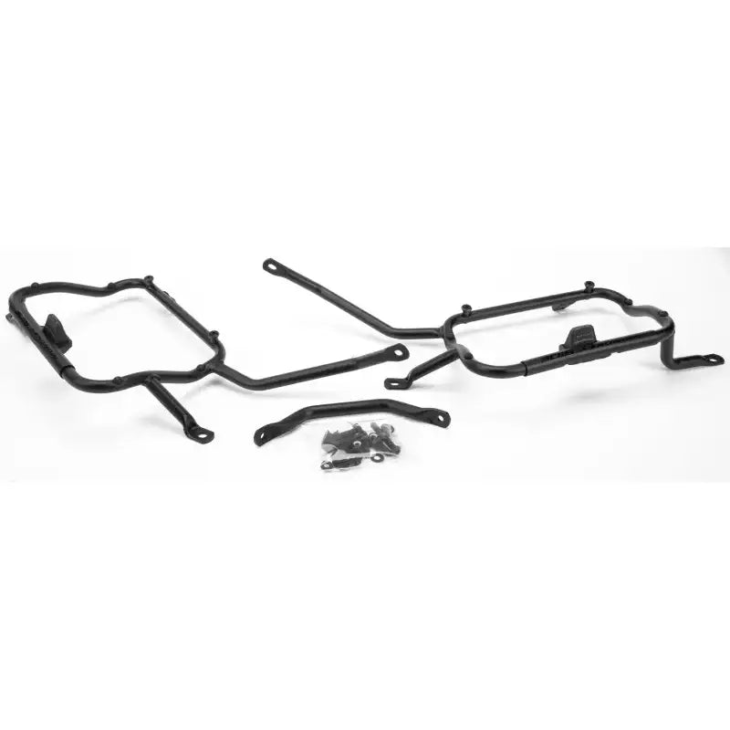 Motorcycle saddlebag mounting racks with hardware for hard luggage mounting in matte black