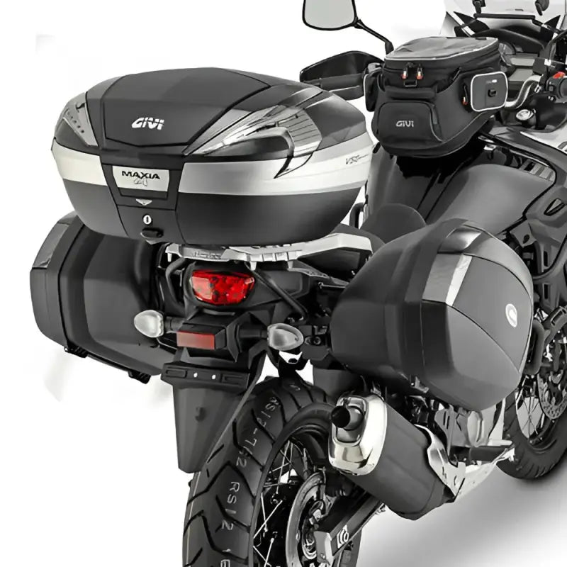 Black motorcycle with PLX3112 Side Case Hardware V35 for top case and panniers