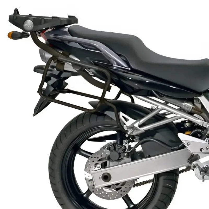 Rear view of black motorcycle with top case and pannier rack using PLX351 Side Case Hardware for hard luggage mounting