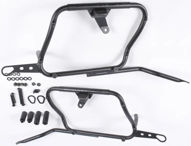 Black motorcycle pannier racks with mounting hardware for matte black hard luggage mounting