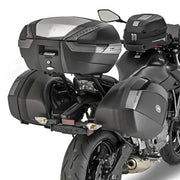 Motorcycle with matte black hard luggage mounting hardware on PLX4117 Side Case V35