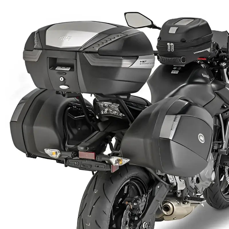 Motorcycle with matte black hard luggage mounting hardware on PLX4117 Side Case V35