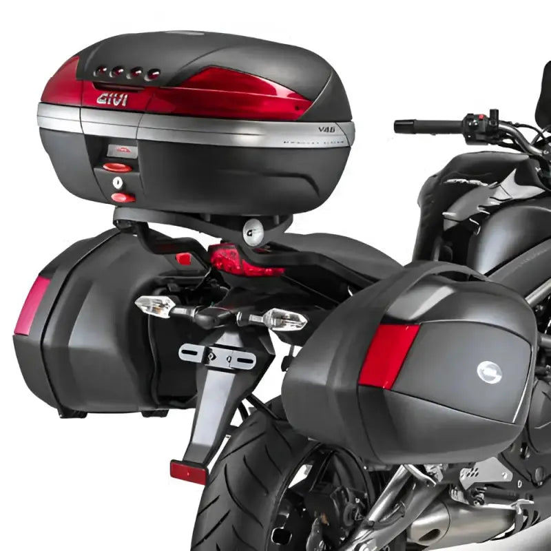 Black and red matte black motorcycle luggage set with hard luggage mounting hardware