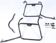 Black metal motorcycle pannier racks with matte black luggage mounting hardware for hard luggage mounting