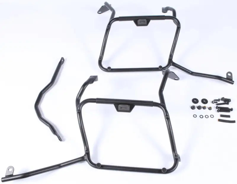 Black metal motorcycle pannier racks with matte black luggage mounting hardware for hard luggage mounting
