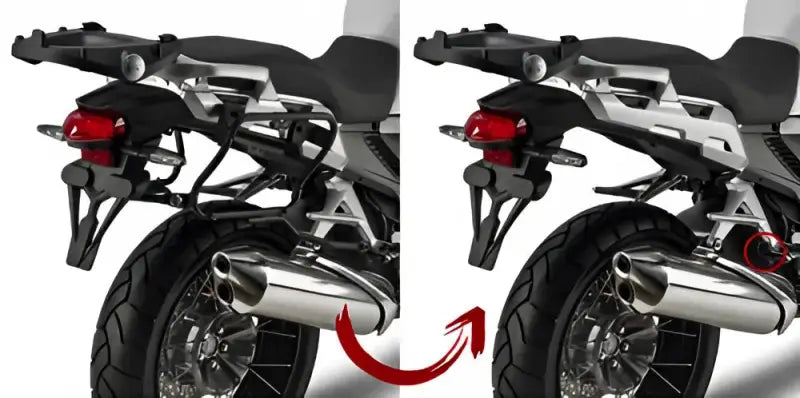 Rear view of motorcycle with matte black luggage mounting hardware and aftermarket rack