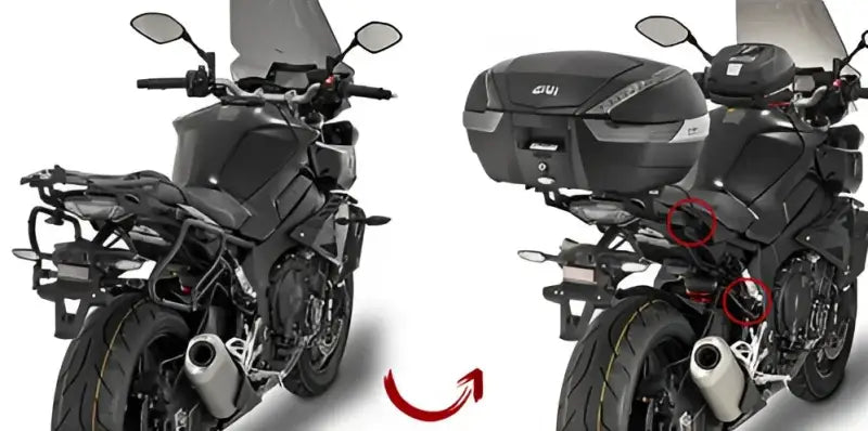 Matte black motorcycle with hard luggage mounting hardware for side case V35