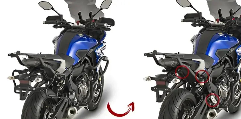Blue motorcycle with matte black luggage mounting hardware for hard luggage mounting