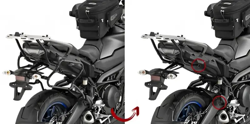 Motorcycle with matte black luggage mounting hardware and soft top bag on racks