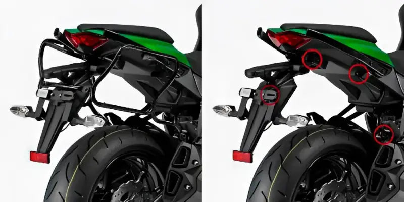 Motorcycle rear with and without saddlebag mounts for PLXR4100 Side Case Hardware V35 in matte black, perfect for hard luggage mounting
