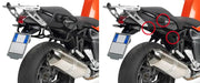 Motorcycle with and without saddlebag frames showing PLXR691 Side Case Hardware V35 for matte black hard luggage mounting