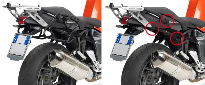 Motorcycle with and without saddlebag frames showing PLXR691 Side Case Hardware V35 for matte black hard luggage mounting
