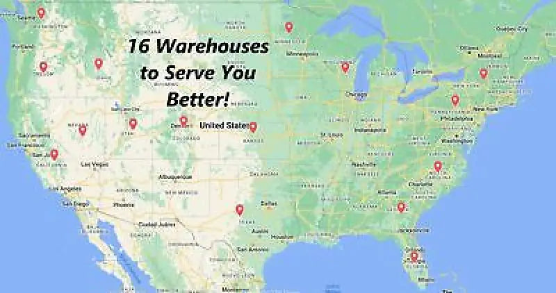 Map of the United States highlighting locations of 16 warehouses with the text "16 Warehouses to Serve You Better!"