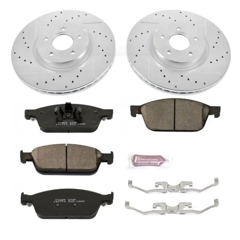 Power Stop 13-14 Ford Focus Front Z23 Evolution Sport Brake Kit with drilled & slotted rotors, carbon-fiber ceramic brake pads, and premium stainless-steel hardware.