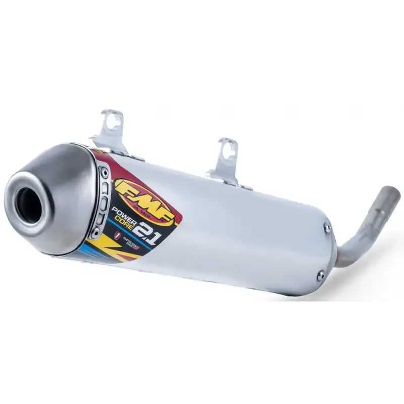 White and silver motorcycle exhaust for the Powercore 2.1 Silencer in Aluminum