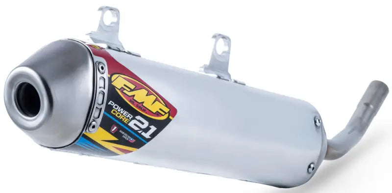 White and silver motorcycle exhaust for the Powercore 2.1 Silencer in Aluminum