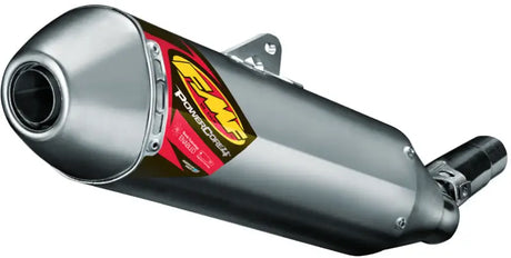 Silver FMF PowerCore 4 hex muffler with removable spark arrestor and sonic evacuation