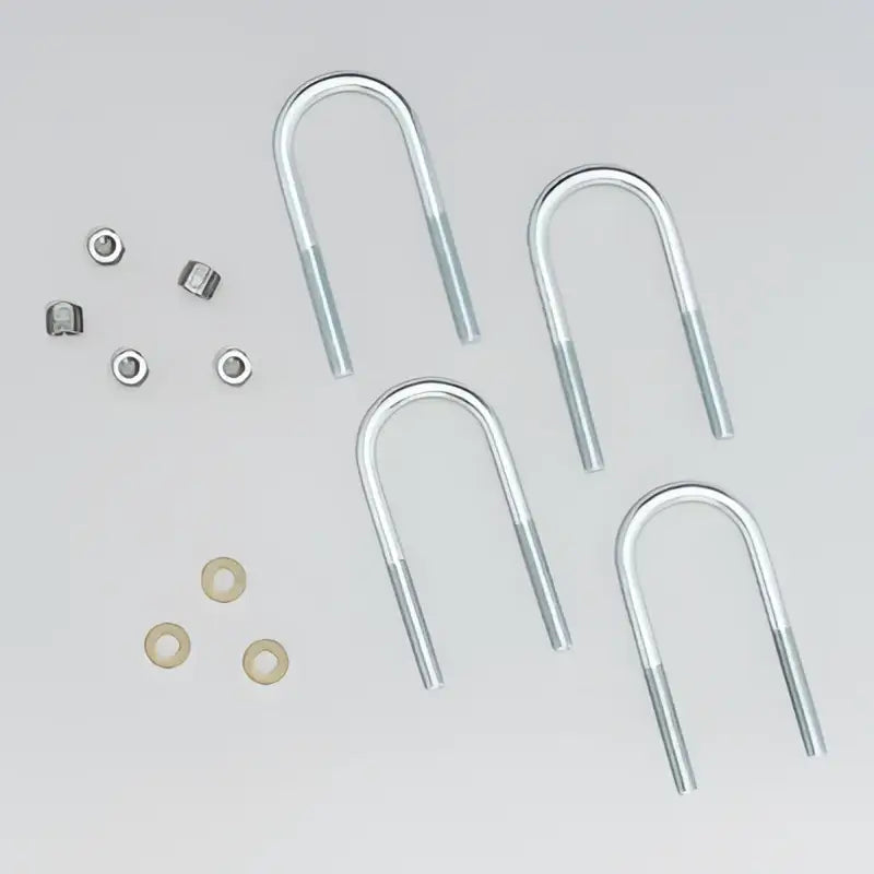 Pro Comp Suspension Track Bar Relocator components including U-bolts, nuts, and washers displayed on a gray background.