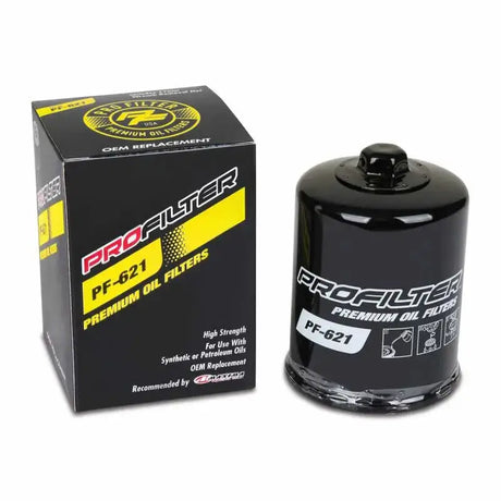 ProFilter Arctic Cat Spin-On Black Various Performance Oil Filter, PF-621 Premium Oil Filters packaging and product, durable construction, high filtration efficiency, easy installation, versatile compatibility.