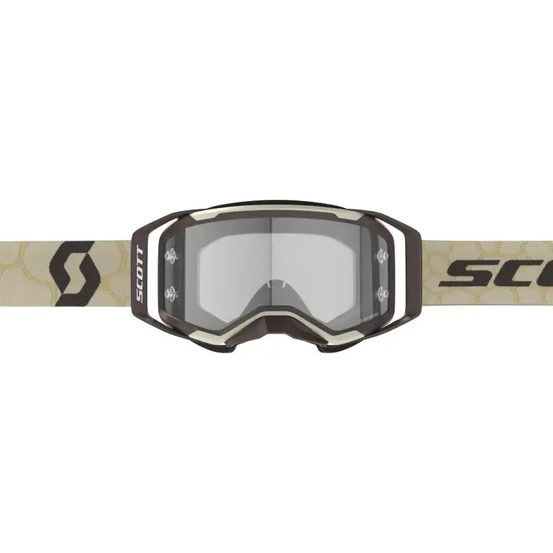 Brown and tan Scott Prospect 2.0 motocross goggles with clear lens, perfect for sand dust rides