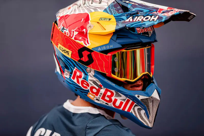 Colorful motocross helmet with mirrored goggles for Prospect Le 6 Days Goggle ISDE Spain